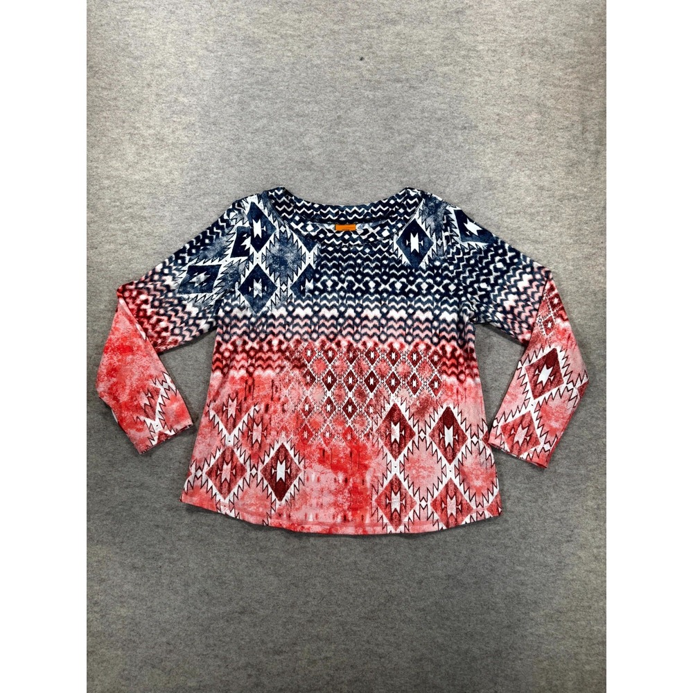 Ruby Rd Blouse Top Womens Large Red Blue Aztec Print Round Neck Southwest Boho